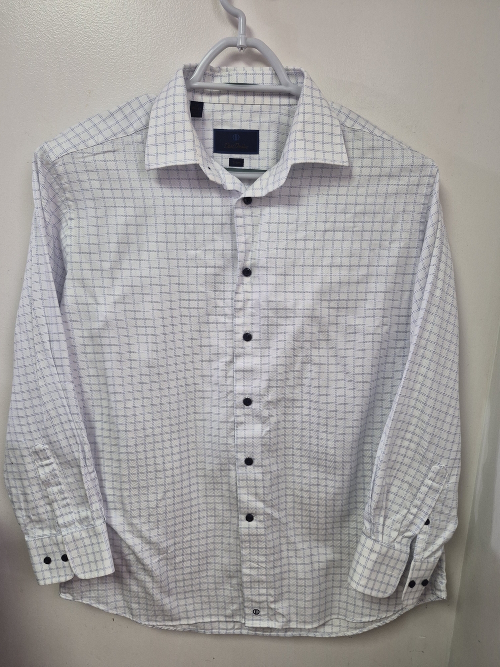 David Donahue Dress Shirt Mens 17 32/33White BlueTattersall Trim Fit